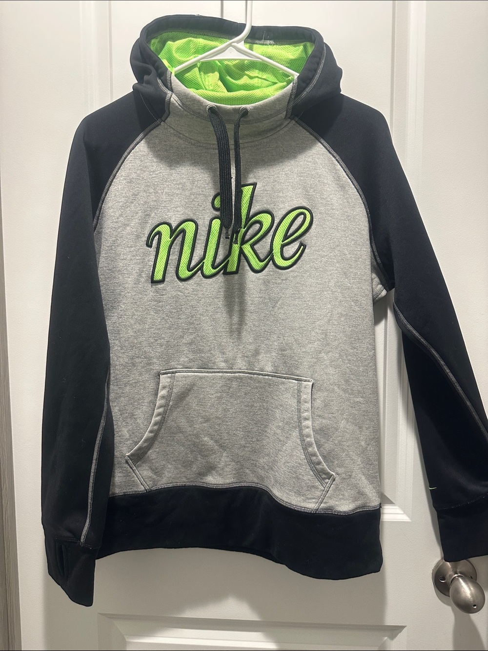 Nike Men’s Gray & Black Hoodie with Neon Green Script Logo